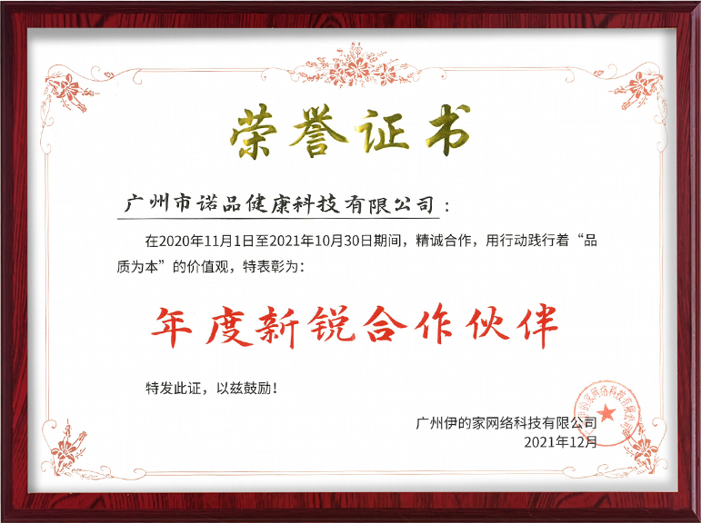 年度新锐合作伙伴荣誉证书